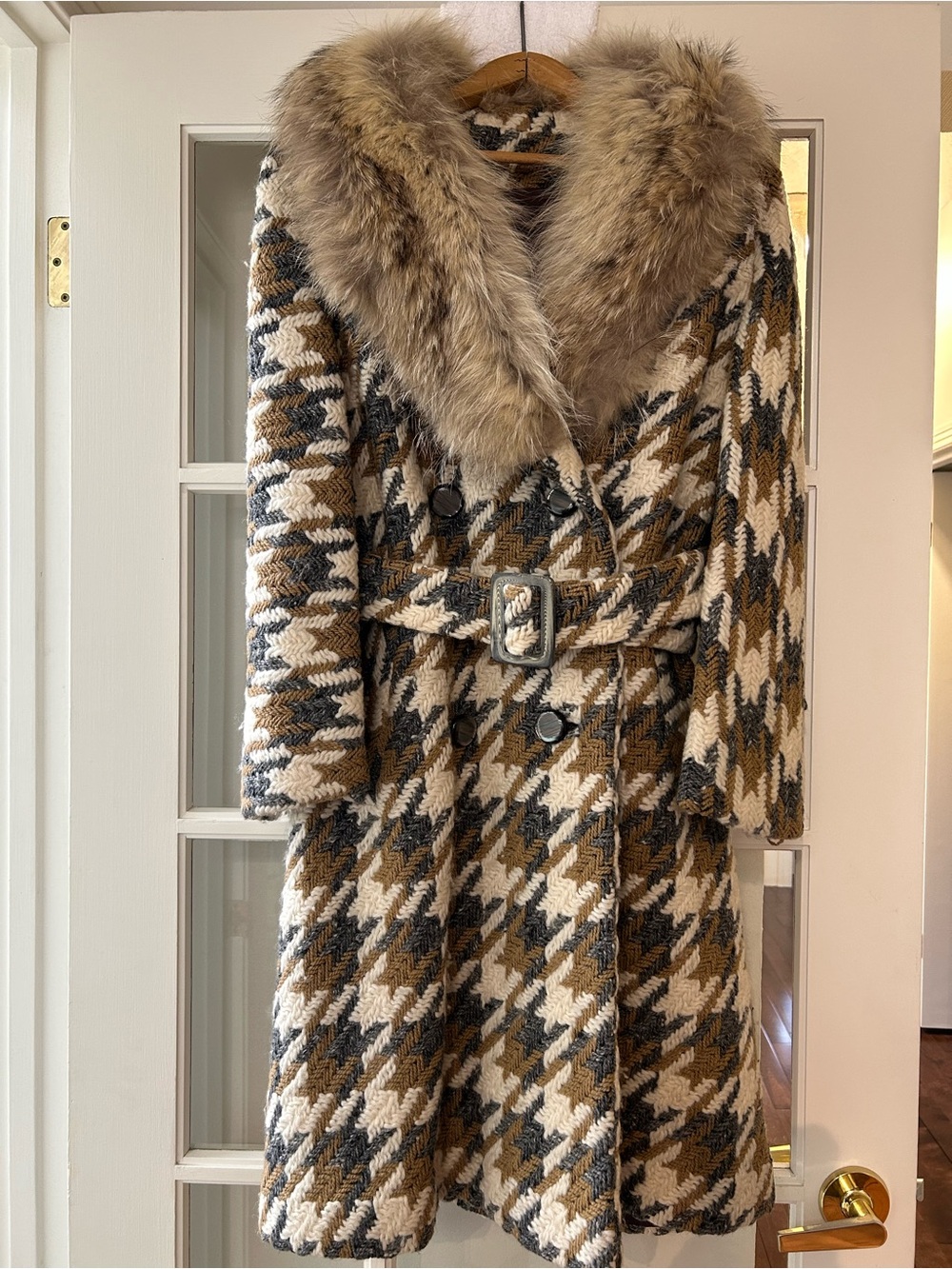 Vintage 1970s Mal-Ber Montreal Wool Houndstooth Coat Fox Fur Belted Canada